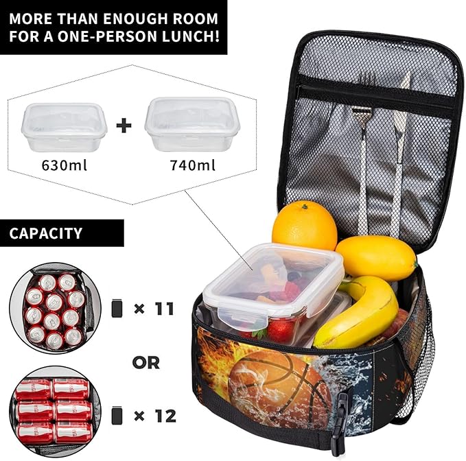 Fire And Water Basketball Portable Lunch Box, Cooler Bags Insulated Thermal Lunch Tote Bag with Shoulder Strap For Women Men Adults Work Travel