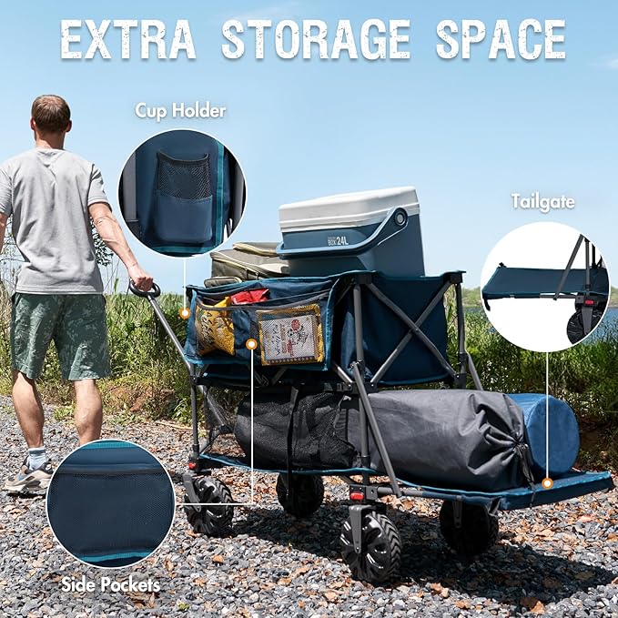 PORTAL Collapsible Double Decker Folding Wagon, Beach Cart with Tailgate, Big Wheels, 450LB Heavy Duty 14 FT Foldable Wagon for Camping, Sports, Garden, Shopping