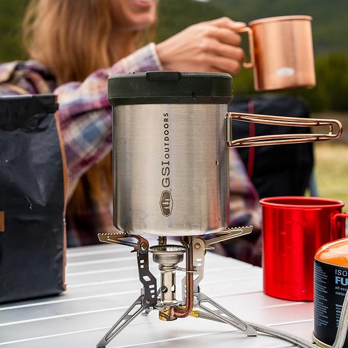 GSI Outdoors Glacier Personal Javapress Stainless Steel Press Mug with Folding Handles and Pour-Through Lid – Brews 22 fl. oz.