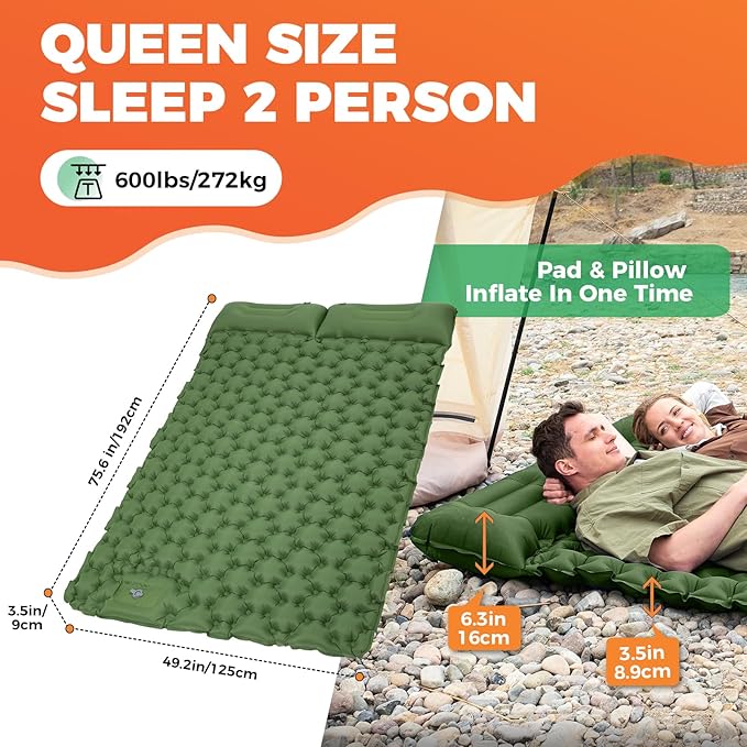 KingCamp Self Inflating Camping Mattress with Built-in Foot Pump, Connectable Durable Inflatable Sleeping Mat with Pillow, Compact Camping Air Mattress for Hiking