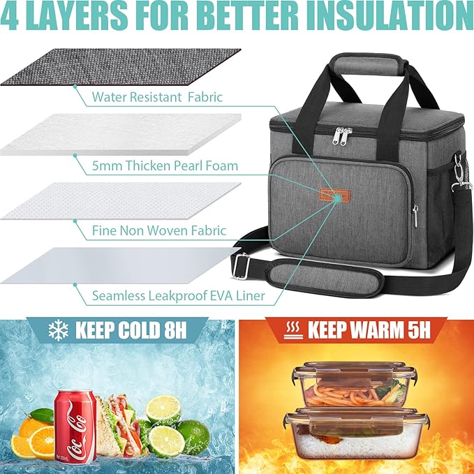 Tiblue Insulated Lunch Bag for Women/Men, Reusable Lunch Box for Office Work School Picnic Beach, Leakproof Freezable Cooler Bag with Adjustable Shoulder Strap for Kids/Adult(Large, Charcoal Grey)