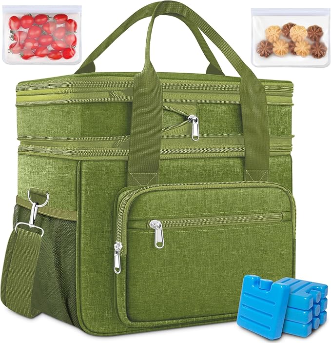 Expandable Insulated Large Cooler Lunch Box for Men 23L Heavy Duty Double Deck Leakproof Lunch Bag with 4 Ice packs&5 Snack Bags for Adult/Construction/Women/Work/Picnic/Camping -Green