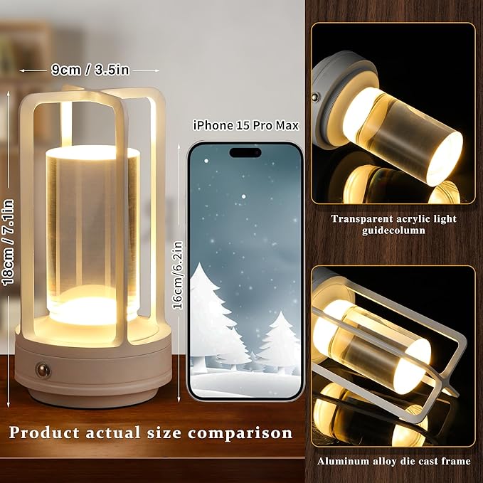 Portable Metal Table Lamp, Cordless Table Lamp, Rechargeable Battery Powered Portable LED Desk Lamp, 3 Color Stepless Dimming Touch, for Bedroom Restaurant Home Outdoor (White)