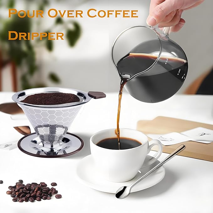 Pour Over Coffee Dripper 1-4 Cup 800 Mesh Inner Mesh ClothReusable Pour Over Filter Stainless Steel Filte for Home Travel Office Easy to Clean Paperless pour over maker Perfect for Father's Day gifts