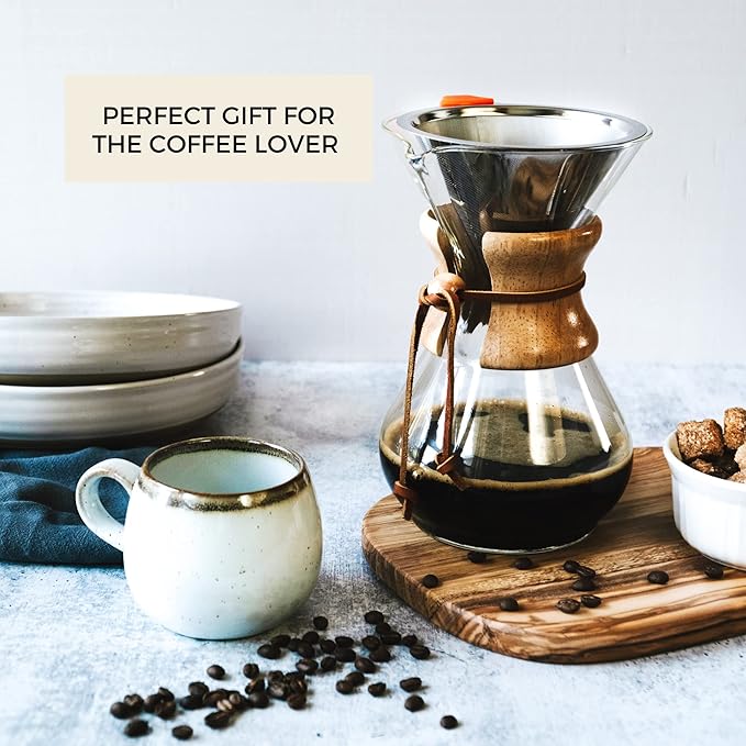 Reusable Coffee Filter for Pour Over Coffee Maker | Dual Layered Pour Over Mesh Filter with Glass Rest | Stainless Steel Coffee Filter & Glass Measuring Cup