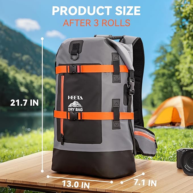 HEETA Waterproof Dry Bags Backpack 40L for Men & Women, Roll Top Heavy Duty Cushioned Hiking Backpack for Kayaking Boating Paddle Boarding Fishing Travel Camping Beach Vacation Cruise Ship Essentials