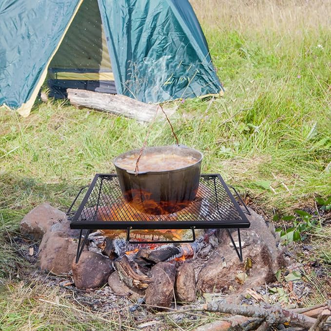 Folding Campfire Grill Grate, Portable Heavy Duty Steel Over Fire Camp Grill for Outdoor Camping Cooking Fire Pit, Black with 2 Heights