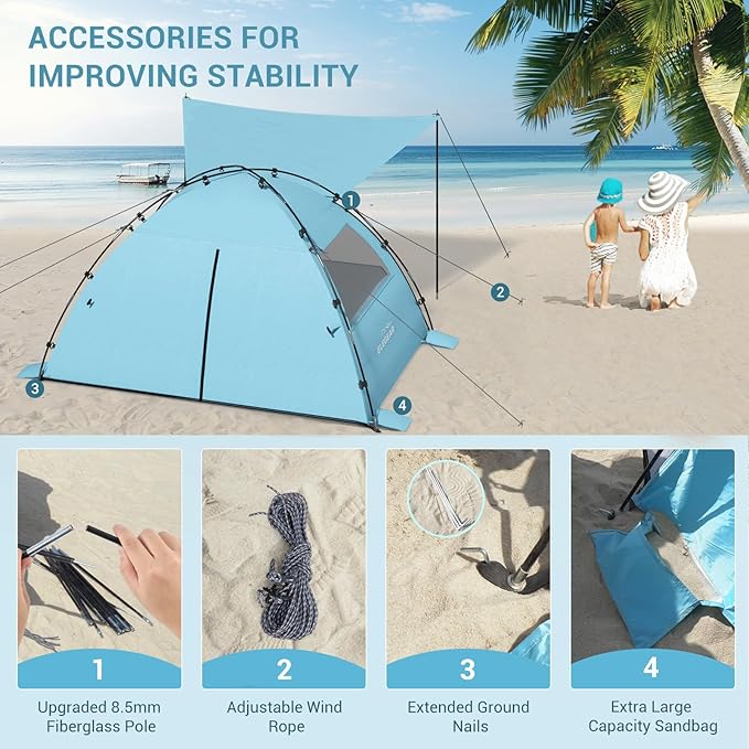 Elegear Beach Tent Sun Shelter with Canopy, 4-5 Person Pop Up Beach Tent, Easy Setup UPF 50+ UV Protection Portable Lightweight Double Silver Coating Beach Cabana Sun Shade Shelter - Sky Blue