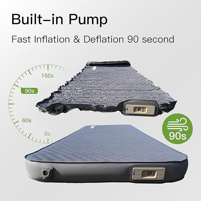 4" Ultra-Thick Self-Inflating Sleeping Pad with 3-in-1 Rechargeable Pump, Air Adjustable Foam Camping Mattress, Fast Inflate & Deflate 9.5R Heavy-Duty Camping Mat for Car, Truck, Van, Rooftop Tent