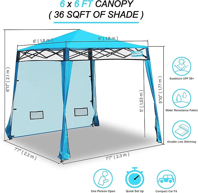 EzyFast Compact Pop Up Canopy Tent, Collapsible Instant Shelter, Portable Sports Cabana, With Built-in Weight Bags, 8 x 8 ft Base / 6 x 6 ft Top for Camping,Hiking,Fishing,Family Outings (Mosaic Blue)