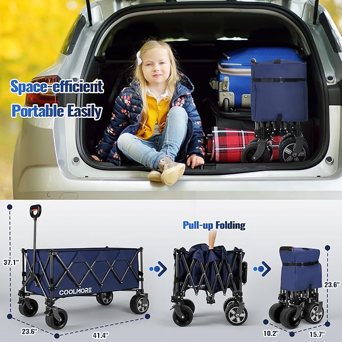 Electric Collapsible Utility Wagons 330lbs Capacity, Carts Foldable with Wheels Brakes Portable for Beach Garden Outdoor Sports Lounge Heavy Duty Shopping Camping Picnic (Blue)