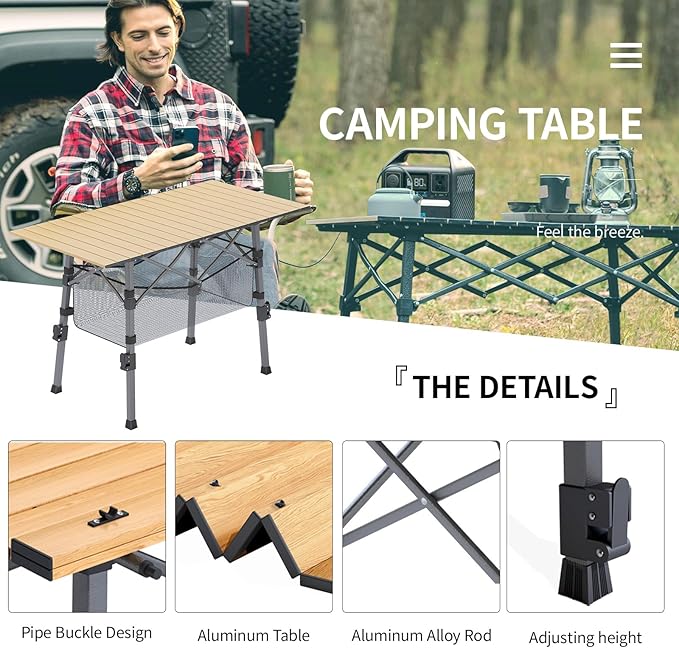 Portable Camping Table with Adjustable Legs, Picnic Table Lightweight Aluminum Roll-up beach tables for sand foldable, Folding Table with Large Storage Basket for Outdoor camping, BBQ and party