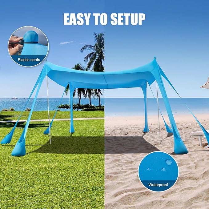 Beach Tent, Camping Sun Shelter UPF50+ with 8 Sandbags, Sand Shovels, Ground Pegs & Stability Poles, Outdoor Shade Beach Canopy for Camping Trips, Fishing