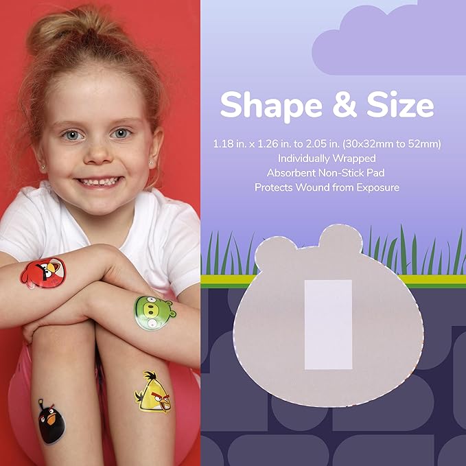 BioSwiss Bandages, Angry Birds Game Shaped Self Adhesive Bandage, Latex Free Sterile Wound Care, Standard Shape for Kids and Adults, 50 Count