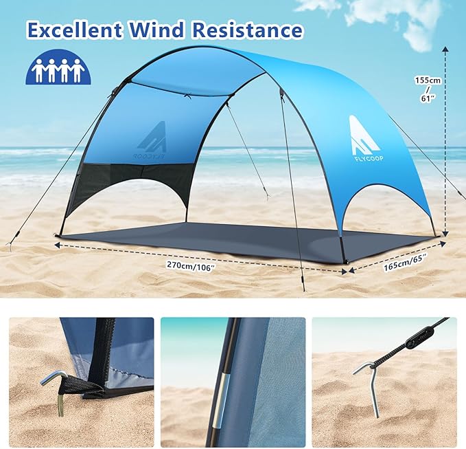 Beach Tent - Beach Shade Canopy Compact Fold (16.9x3.9″), Own Patent, 360° Ventilation, Large Side Storage Pocket, UV Protection Portable Sun Shelter for Beach (Blue, 106 * 65 * 61″)