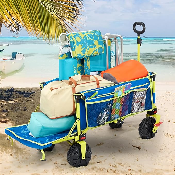 300lbs Extra Long 49" L Beach Wagon with Big Wheels with Brake for Sand, Collapsible Utility Beach Cart Heavy Duty Folding Wagon,Ideal for Outdoor Sand Camping Garden Pet