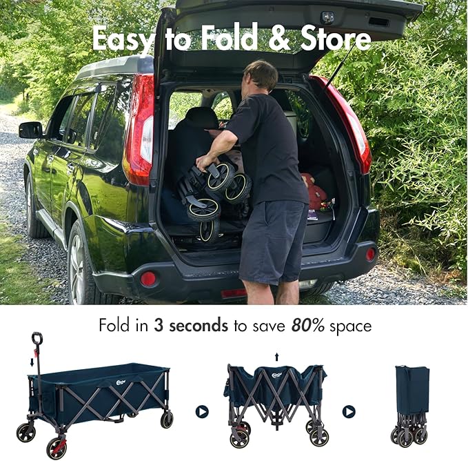 PORTAL 51.2" Long Wagons Carts Foldable with Brakes, Large Collapsible Wagon with Cargo Net, Side Pocket, Cup Holders, 350 LBs Heavy Duty Utility Grocery Wagons for Sports, Camping