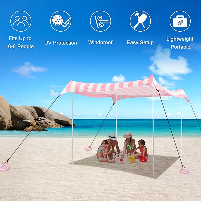 Beach Tent Canopy, UPF 50+ UV Protection Beach Sun Shade, Portable 10×10 FT Large Pop-Up Tent Sun Shelter with Sand Anchors, Ground Pegs, Easy Setup for Camping, Park, and Backyard Fun-Pink Stripe