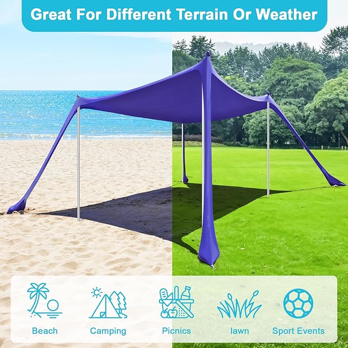 Beach Tent - 10 x 10 FT Beach Canopy, Portable Beach Tent Sun Shelter UPF50 with 4 Sandbags, Stability Poles, Ground Pegs and Anti-Wind Ropes, Outdoor Beach Shade Canopy for Beach Camping Picnics