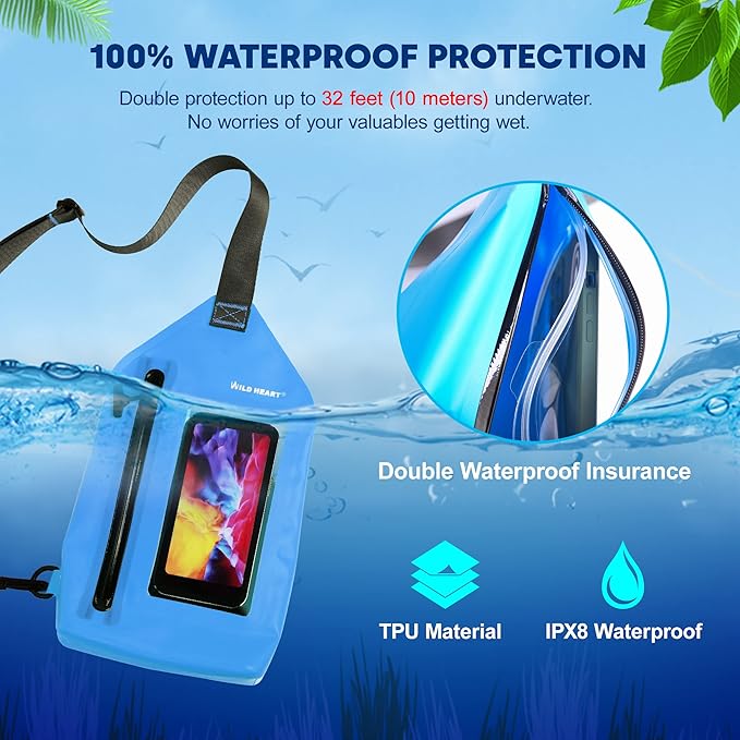 WILD HEART Waterproof Chest Sling Bag Pouch Fashion Diving Swimming Pool Beach Underwater Pouch Case Fully Waterproof Sea Fishing Diving Large Capacity Lightweight Bag