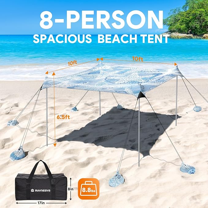 Beach Tent Sun Shelter, 10 x 10 FT Beach Canopy Tent Sun Shade, UPF50+ Beach Tent Canopy with 8 Sandbags & 4 Stability Poles, Outdoor Beach Tent for Beach Camping Fishing, Starfish
