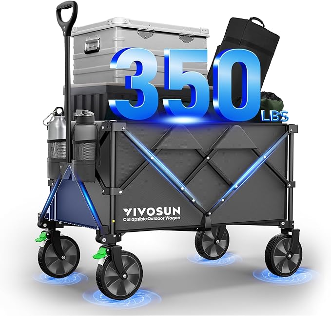 VIVOSUN Collapsible Folding Wagon, 350 lb Load-Bearing Outdoor Utility Cart with Silent Universal Wheels, Cup Holders &Side Pockets, Adjustable Handle, for Camping, Garden, Sports, Picnic, Shopping