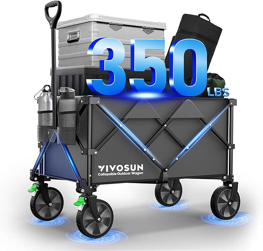 VIVOSUN Collapsible Folding Wagon, 350 lb Load-Bearing Outdoor Utility Cart with Silent Universal Wheels, Cup Holders &Side Pockets, Adjustable Handle, for Camping, Garden, Sports, Picnic, Shopping
