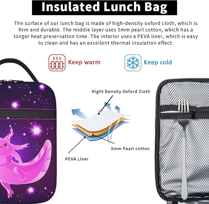 Purple Axolotl Lunch Box Lunch Box Reusable Insulated Totes Lunch Bag Thermal Cooler For Boy Girls School Men Women Beach Picnic Travel
