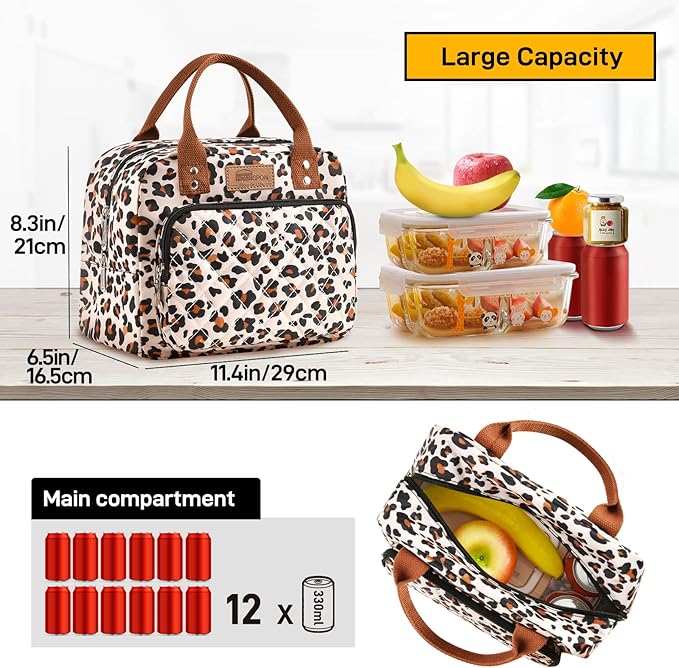 Buringer HOMESPON Lunch Bag for Woman Man Adults with Front Pocket Insulated Lunch Tote Lunch Box Container for Work Picnic or Travel（Leopard）