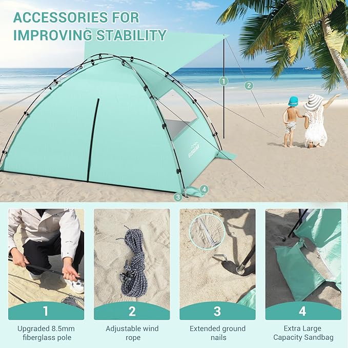 Elegear Beach Tent Sun Shelter with Canopy, 6-8 Person Pop Up Beach Tent, Easy Setup UPF 50+ UV Protection Portable Lightweight Double Silver Coating Beach Cabana Sun Shade Shelter - Green
