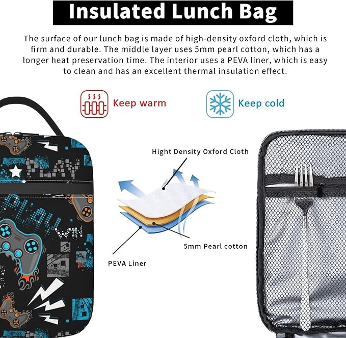 Cool Video Game Joystick Funny Portable Black Lunch Bag Insulated Lunch Box Reusable Totes For Women Men Work Picnic Camping Travel