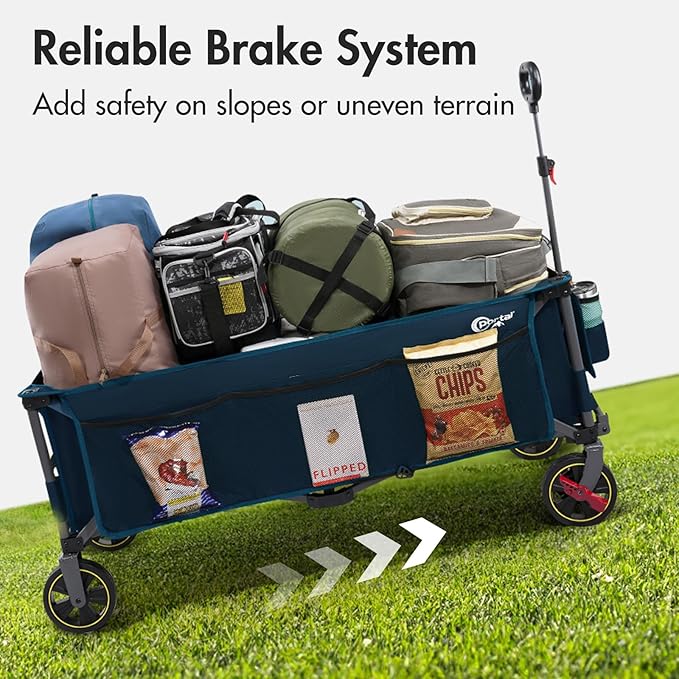 PORTAL 51.2" Long Wagons Carts Foldable with Brakes, Large Collapsible Wagon with Cargo Net, Side Pocket, Cup Holders, 350 LBs Heavy Duty Utility Grocery Wagons for Sports, Camping
