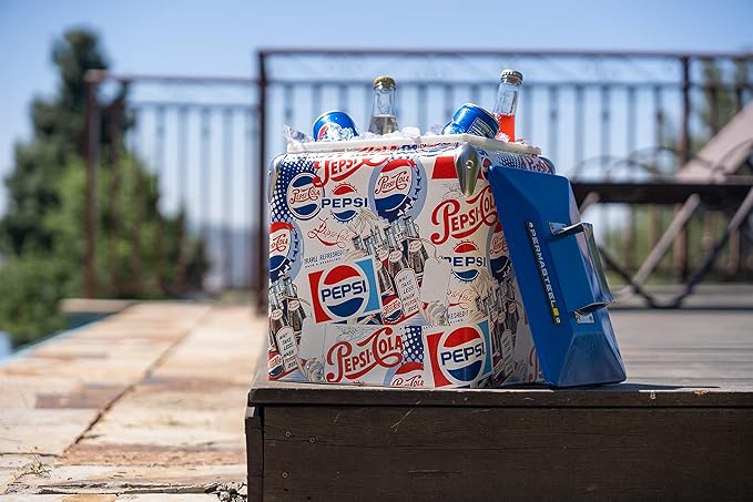 Pepsi 14-Quart Small Cooler | Retro Vintage Classic Style Hard Metal Beverage Cooler for Camping Beach Picnic, Pepsi Heritage Edition