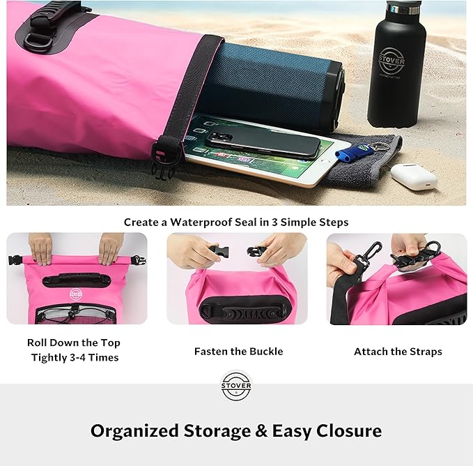 STOVER 5/10/25/30/40/55L Waterproof Dry Backpack & Phone Case- Medium Floating Dry Bag for Kayaking, Travel, Hiking, Fishing, Camping, Motorcycles & Beach, Heavy-Duty Roll Top Men/Women (Pink)