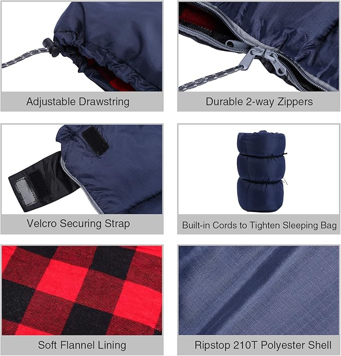 REDCAMP Cotton Flannel Sleeping Bag for Camping Backpacking, Adults Cold Weather Envelope Sleeping Bags with 2/3/4lbs Filling