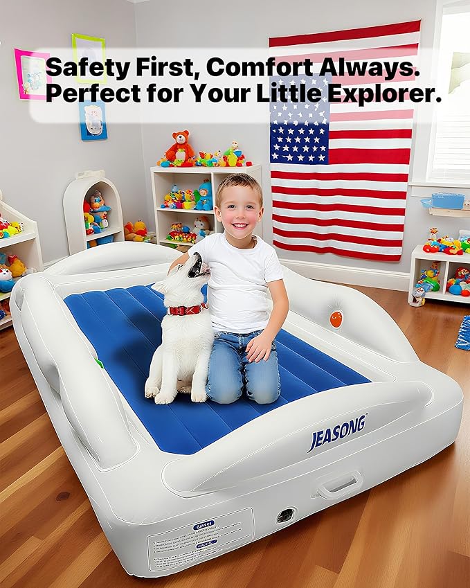 JEASONG Portable Inflatable Toddler Kid Bed with 4 Safety Sides - Air Mattress Electric Pump for Camping, Sleepovers and Home and Travel Use, Compact Crib Sleep Solution, Suitable for Ages 3+
