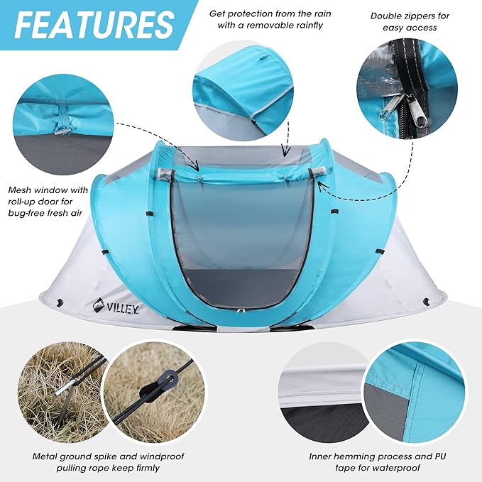 VILLEY 2 Person Easy Pop Up Tent, Waterproof Automatic Setup Instant Lightweight Camping Beach Tent with Carrying Bag for Camping, Hiking & Traveling