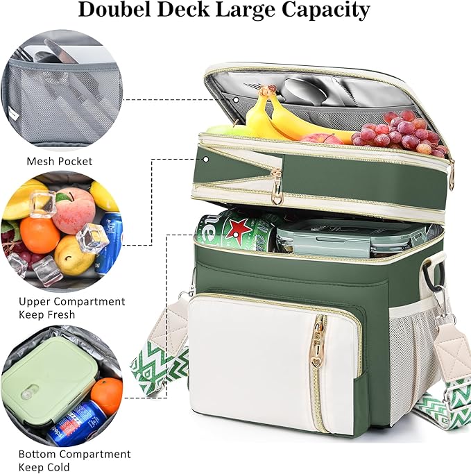 LOKASS Lunch Box for Women/Men-16L-Insulated Lunch Bag, Expandable Double-layer Leakproof Cooler Bag with Upgrade Adjustable Shoulder Strap Ideal for Work/Travel/Picnics（Army Green）