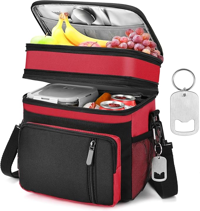 LOKASS Lunch Bag & Lunch Box for Men Women - Double Deck Expandable Insulated Waterproof Leakproof Cooler Bag for Work/Picnic - Red