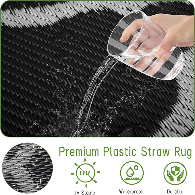 Easy-Going Reversible Outdoor Rugs 9x12ft Waterproof Plastic Straw Rug Stain & UV Resistant Floor Mat for Patio Porch RV Backyard Pool Deck Picnic Beach Trailer Camping (Moroccan Black & Light Grey)