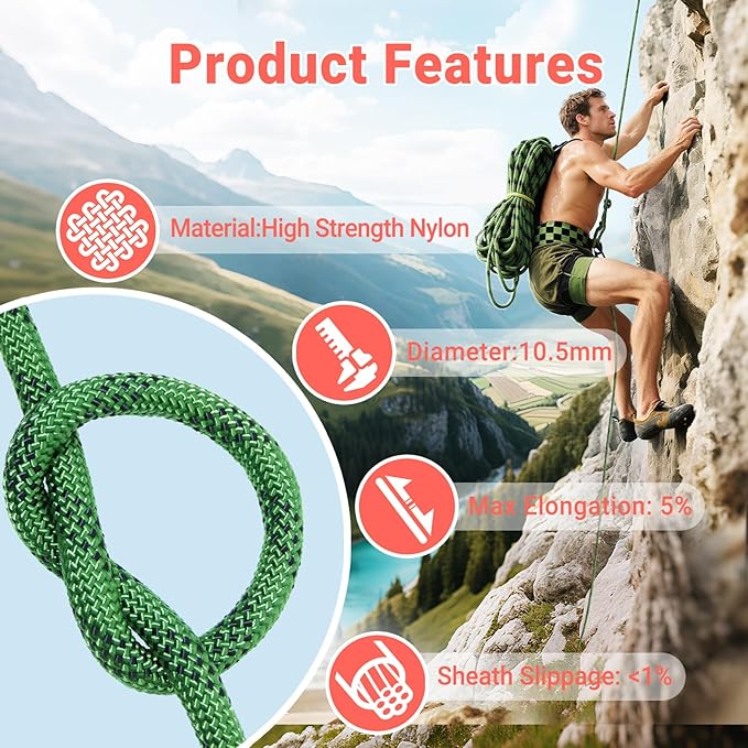 10.5mm Climbing Rope,Static Rock Climbing Rope for Escape Rope Ice Climbing Equipment Fire Rescue Parachute
