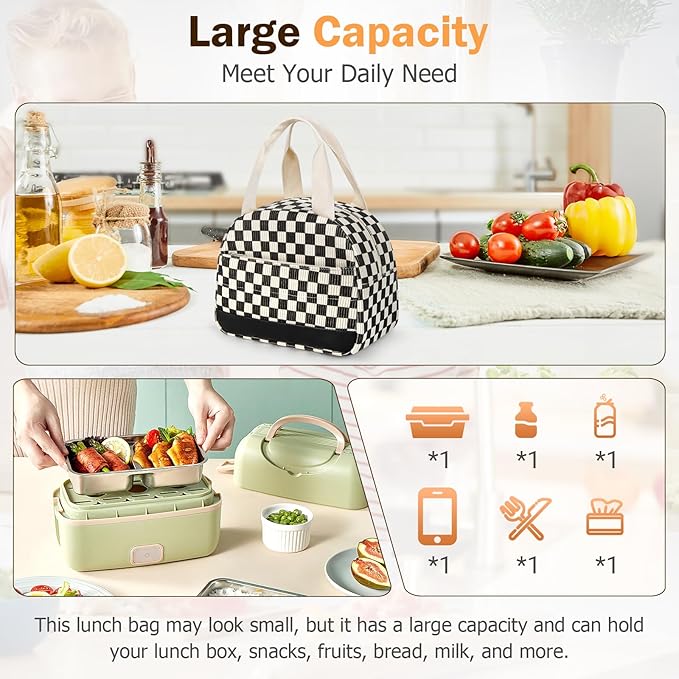 Lunch Box Lunch Bag for Women Men, Leakproof, Insulated Lunch Box Tote with Large Capacity, Lunch Container for Work/Office (Corduroy Black Checkered Pattern)