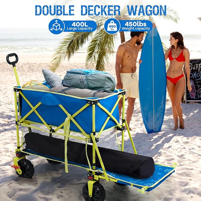 400L Collapsible Double Decker Beach Wagon with Brakes, Folding Beach Cart with 54" Extra Long Decker, 450LBS Heavy Duty Wagon Chart with All-Terrain Big Wheels for Sand Camping Garden