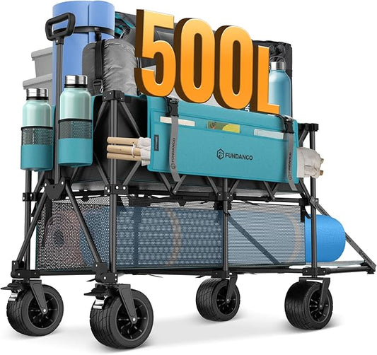 FUNDANGO Double Decker Wagon, 500L Collapsible Beach Wagons Foldable Heavy Duty Garden Cart with Tailgate, Brakes, Side Pockets & All-Terrain Big Wheels for Sports Camping Shopping, Blue