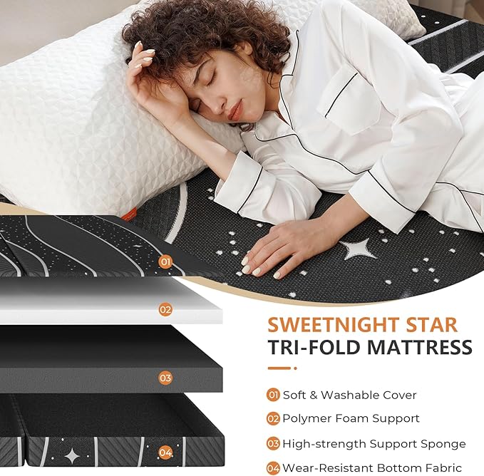 Sweetnight Tri-fold Mattress - 4 Inch Dual-layer Foam Folding Mattress | Removable & Washable 500G Superfine Fiber Cover | Suitable for Camping, RV & Home Use （Twin）