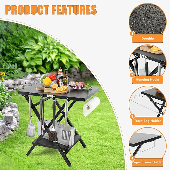 Foldable Grill Table with Extra Storage Bottom Shelf, Outdoor Indoor Foldable Outdoor Grill Stand Table with Garage Rack & Tissue Holder,Easy Set-up, 30" x 24", Black
