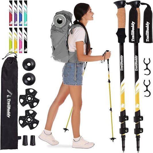 TrailBuddy Trekking Poles - Lightweight, Collapsible Hiking Poles for Snowshoe & Backpacking Gear - Pair of 2 Walking Sticks for Hiking, 7075 Aluminum with Cork Grip