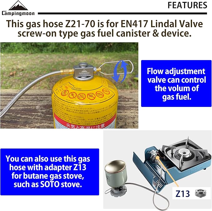 CAMPINGMOON 27.6-inch Multi-Function Gas Hose for EN417 Lindal Valve Screw-on Type Canister and Device Z21-70