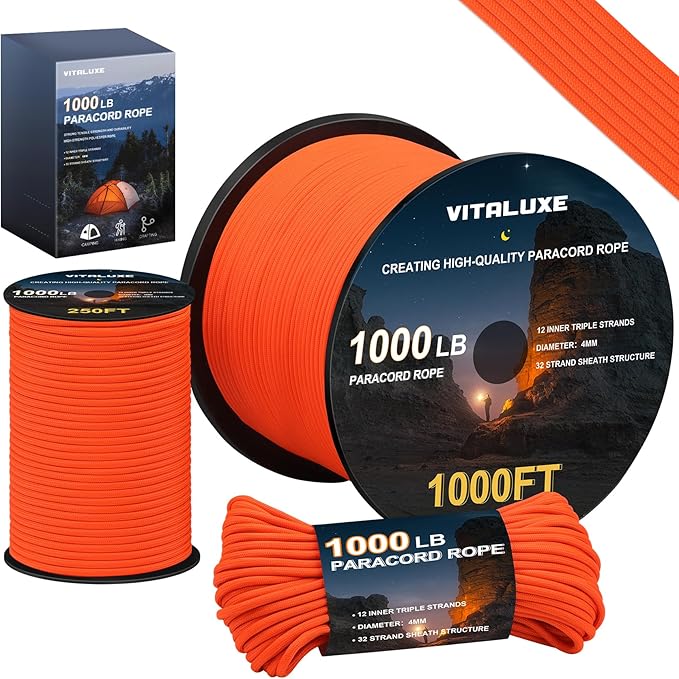 1000lb Paracord Rope, 4mm 12 Triple Strands Paracord, Heavy Duty Tactical Parachute Cord for Survival Gear, Camping, Hiking, and Ideal for Bracelets, Lanyards, Type III