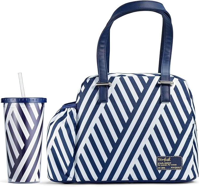 Fit & Fresh Lunch Bag For Women, Insulated Womens Lunch Bag For Work, Leakproof & Stain-Resistant Large Lunch Box For Women With Bottle Pocket, Zipper Closure Laketown Bag Navy Stripe Tumbler